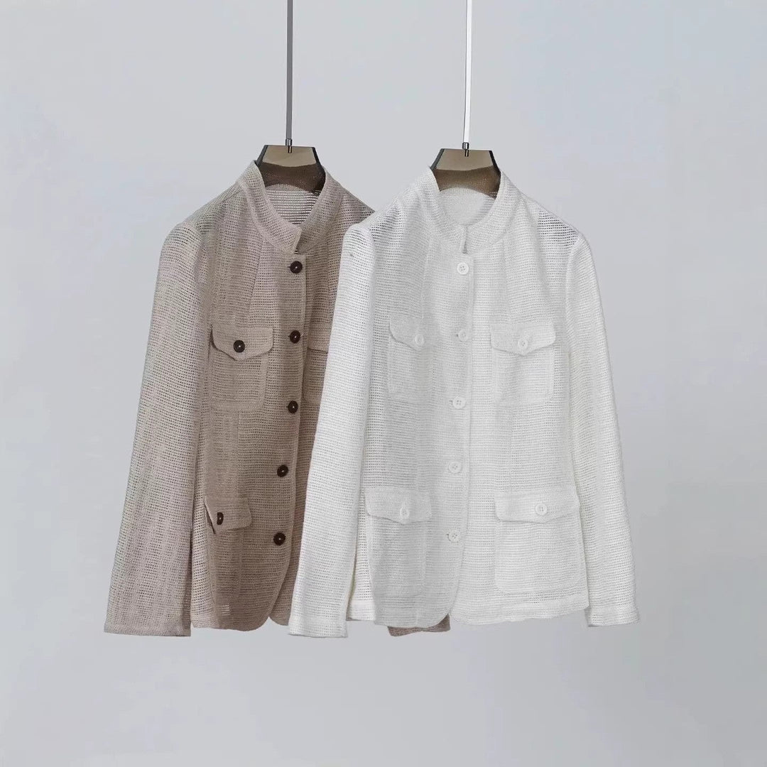 Dam lätt Crochet look Transition jacka med rund krage och Flap fickor