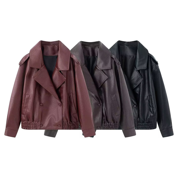 Dam Kort Skärning Double-Breasted Faux Läder Blouson med Elastic Nederkant