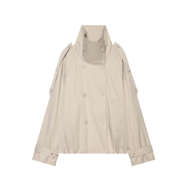 Dam Kort Skärning Double Breasted Trenchcoat med Hög Stå Krage och Cape Ärmar