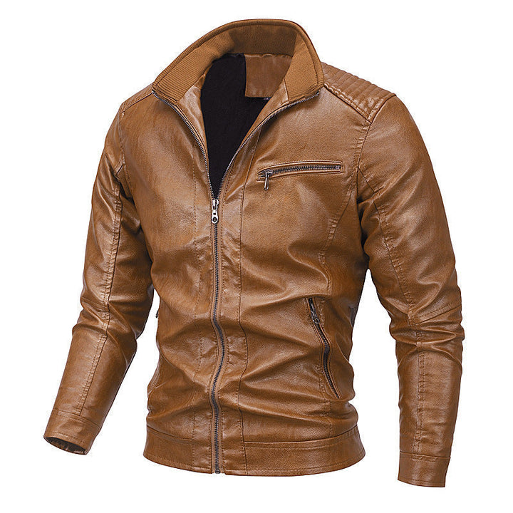 Herr Konstläder Moto Jacka med Stående Krage, Särpräglad Quiltad Design, och Zip Fickor