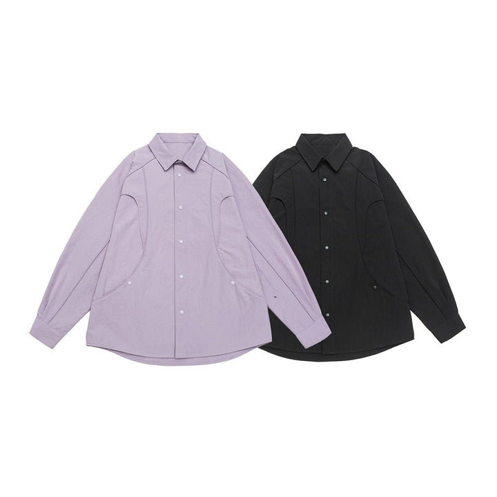 Dam Oversized Skjorta Jacka med Curved Seam och Tryckknappsslå