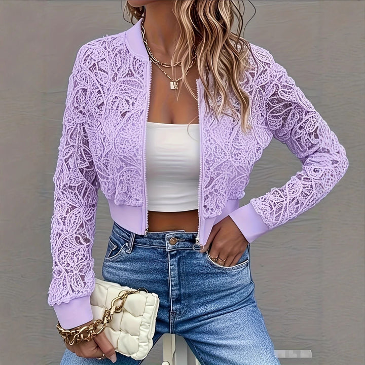 Dam Kort Lace Bomber Jacka med Blommig Crochet Look och Ribbstickade Muddar Drune