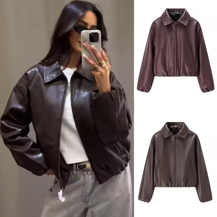 Dam kort skärning läder imitation blouson med dragkedja och elastic fåll