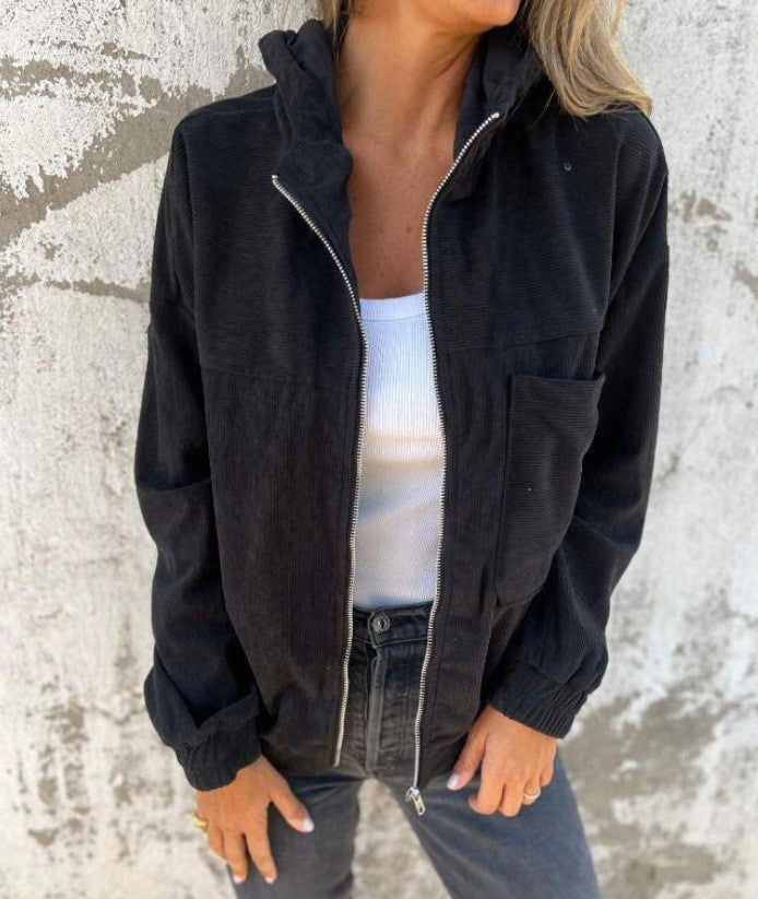 Dam cord zip jacka med huva, ribbed structure och sidofickor