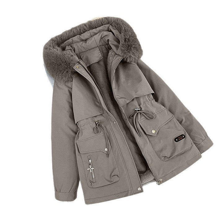 Dam nano vadderad parka med removable faux fur huva, teddyfoder, och justerbar dragsko