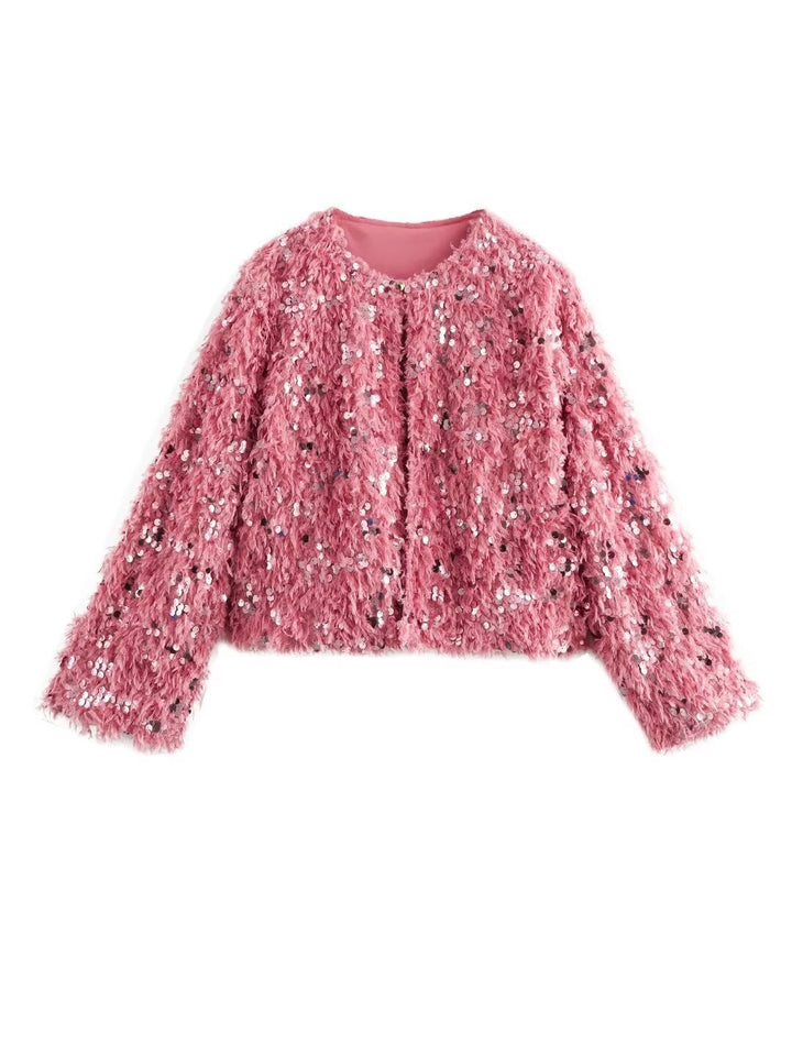 Dam Kort Jacka Gjord av Fluffy Konstpäls med Sequin Kant