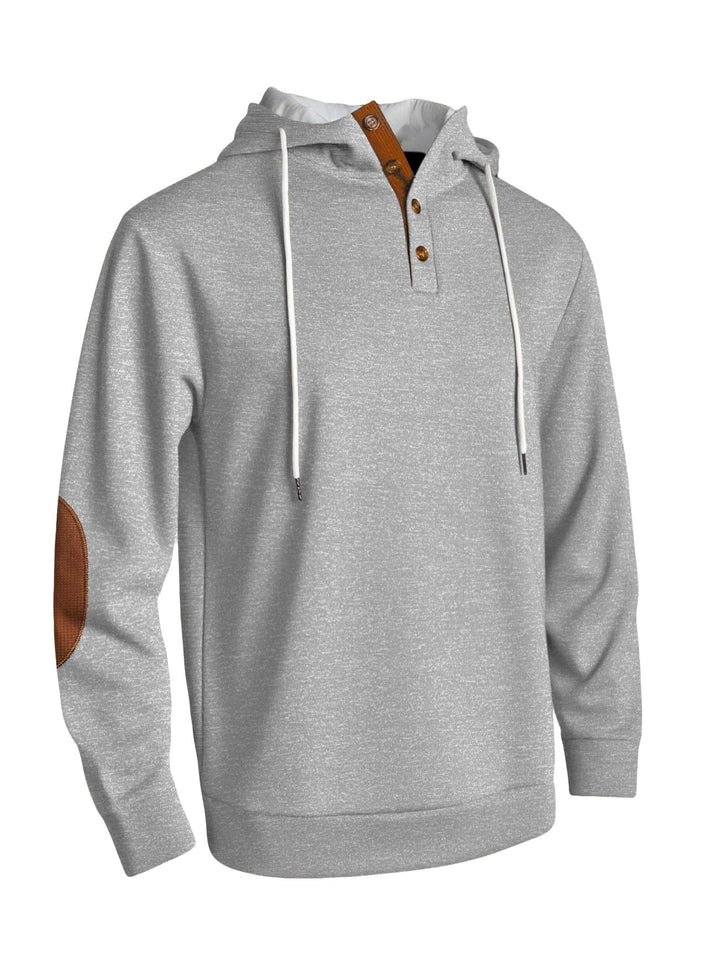 Herr med Huva College-Tröja i Puristic Leisure Stil med Henley Knapplist, Contrasted Huva Interior, och Elbow Lappar