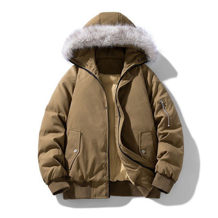 Herr quiltad vinter parka med avtagbar fusk päls huva och vindtät padding