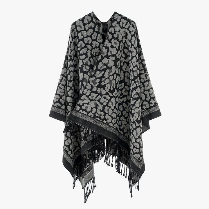 Dam Jacquard poncho med Leopard mönster, Fringes och Open oversized skärning