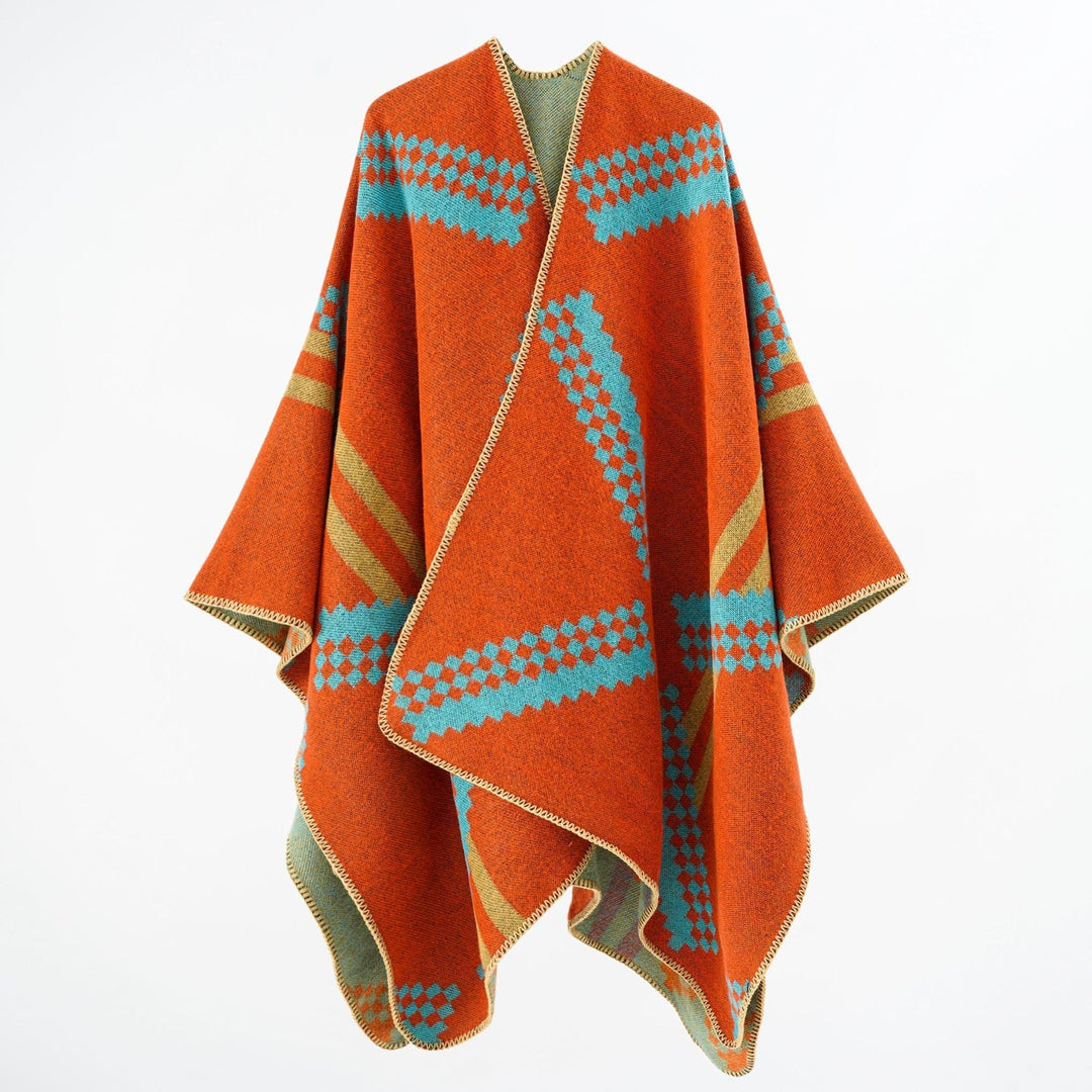 Dam oversized poncho Cape tillverkad av ullblandning med Geometric Jacquard och Decorative Stitching
