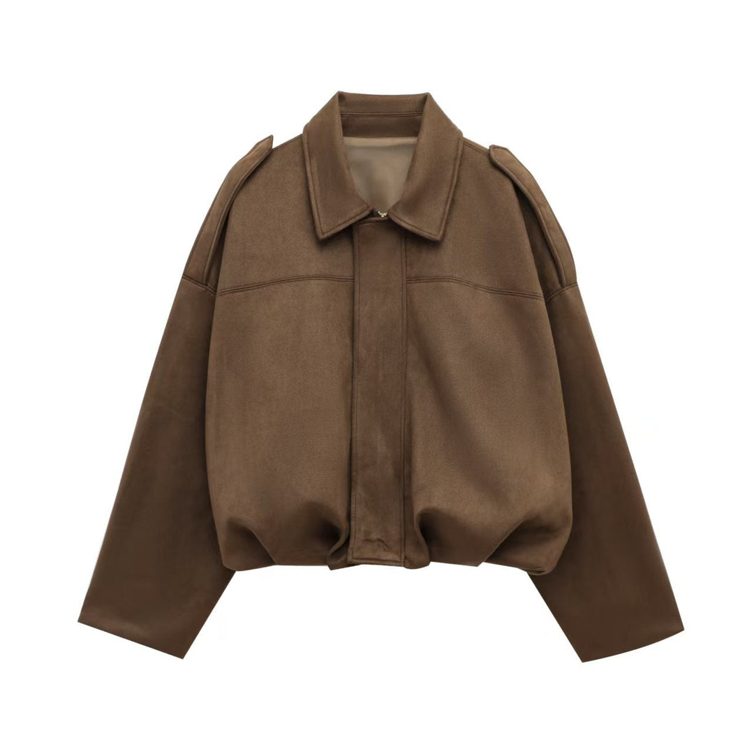 Dam Kort Boxig Övergångsjacka i Suede Look med Epaulettes