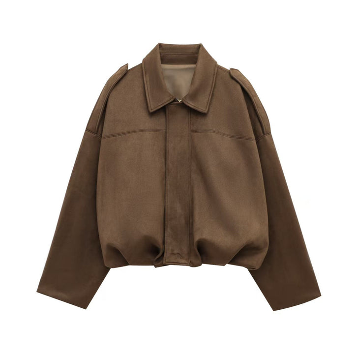 Dam Kort Boxig Övergångsjacka i Suede Look med Epaulettes