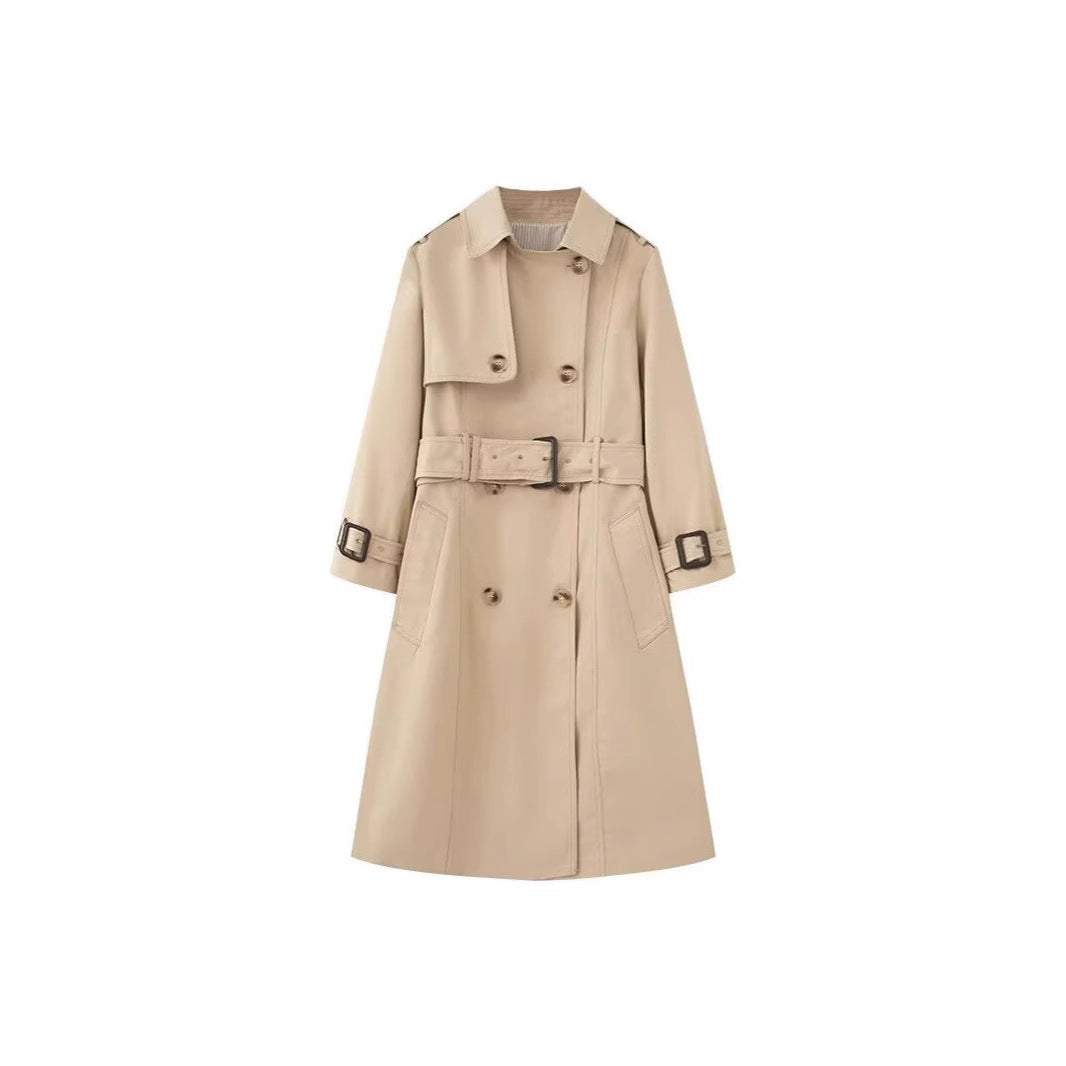 Dam Longer Skräddarsydd Trenchcoat med Dubbel-Breasted Knapplist, Midjebälte, och Ärm Tab