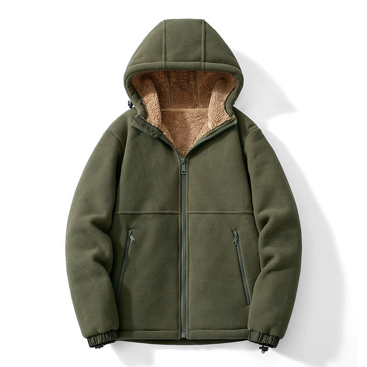 Herr Fleece Jacka med Huva med Teddy Foder, Zippered Fickor, och Adjustable Fåll