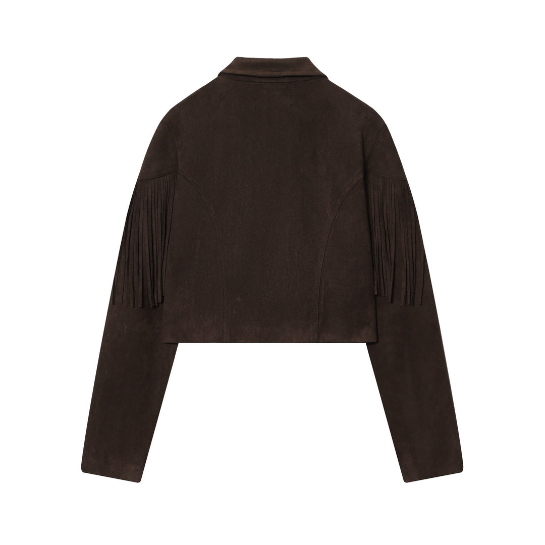 Dam kort mockajacka med lapel krage, boxy cropped skärning, och decorative fringes