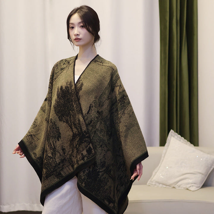 Dam jacquard stickad cape med textured woven look och öppen front