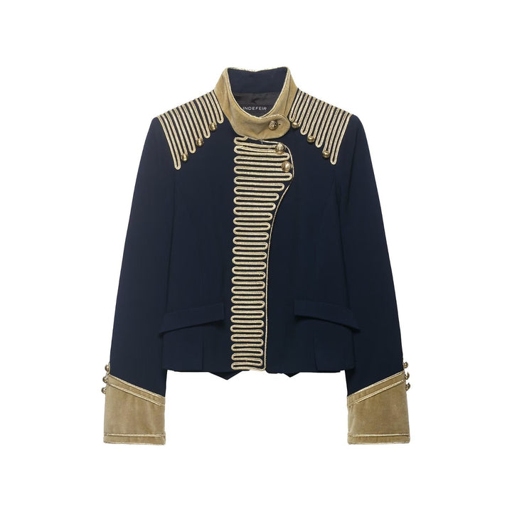 Dam Kort Military Jacka i Parade Look med Guld Cord Decoration och Velvet Muddar