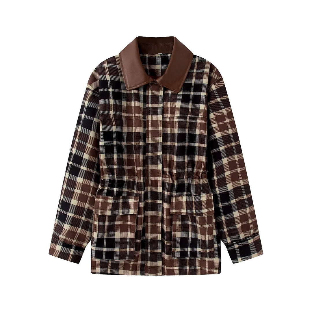 Dam Checked Transitional Parka med Faux Läder Krage, Drawstring och Lock Fickor