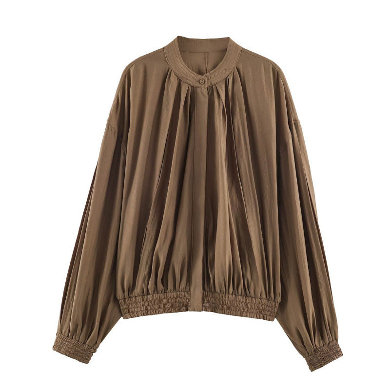 Dam Kort Skärning Pleated Blouson Jacka med Balloon Ärmar och Smocked Waist