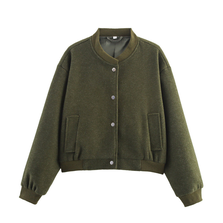 Dam Kort Oversize Collegejacka i Ull Blend med Tryckknapp Knapp Stängning, Side Fickor och Ribbed Muddar