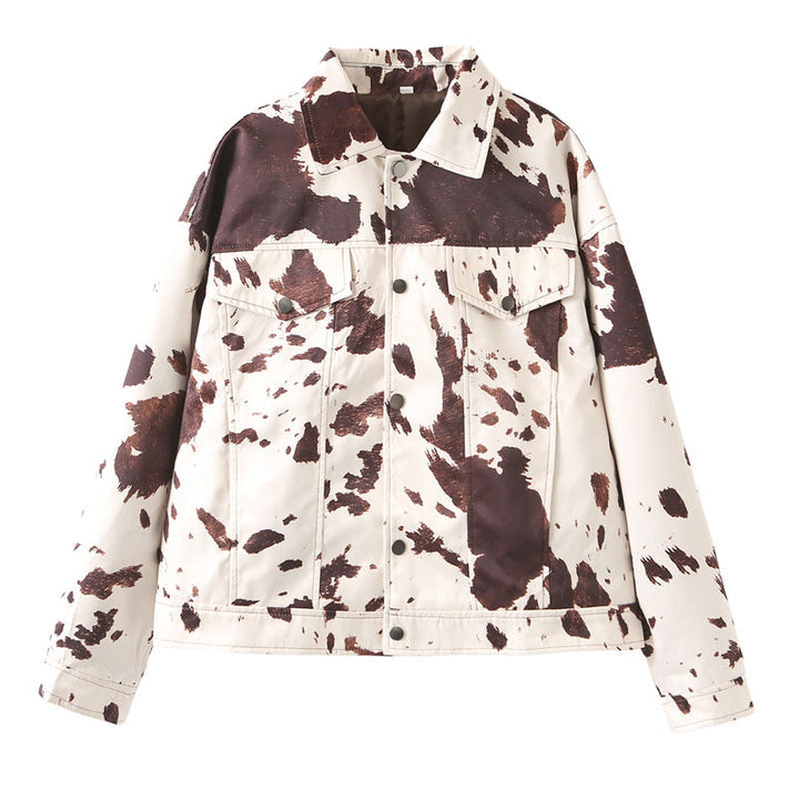Dam Oversize jeansjacka med Cow Spot tryck Snap knäppning och Flap fickor
