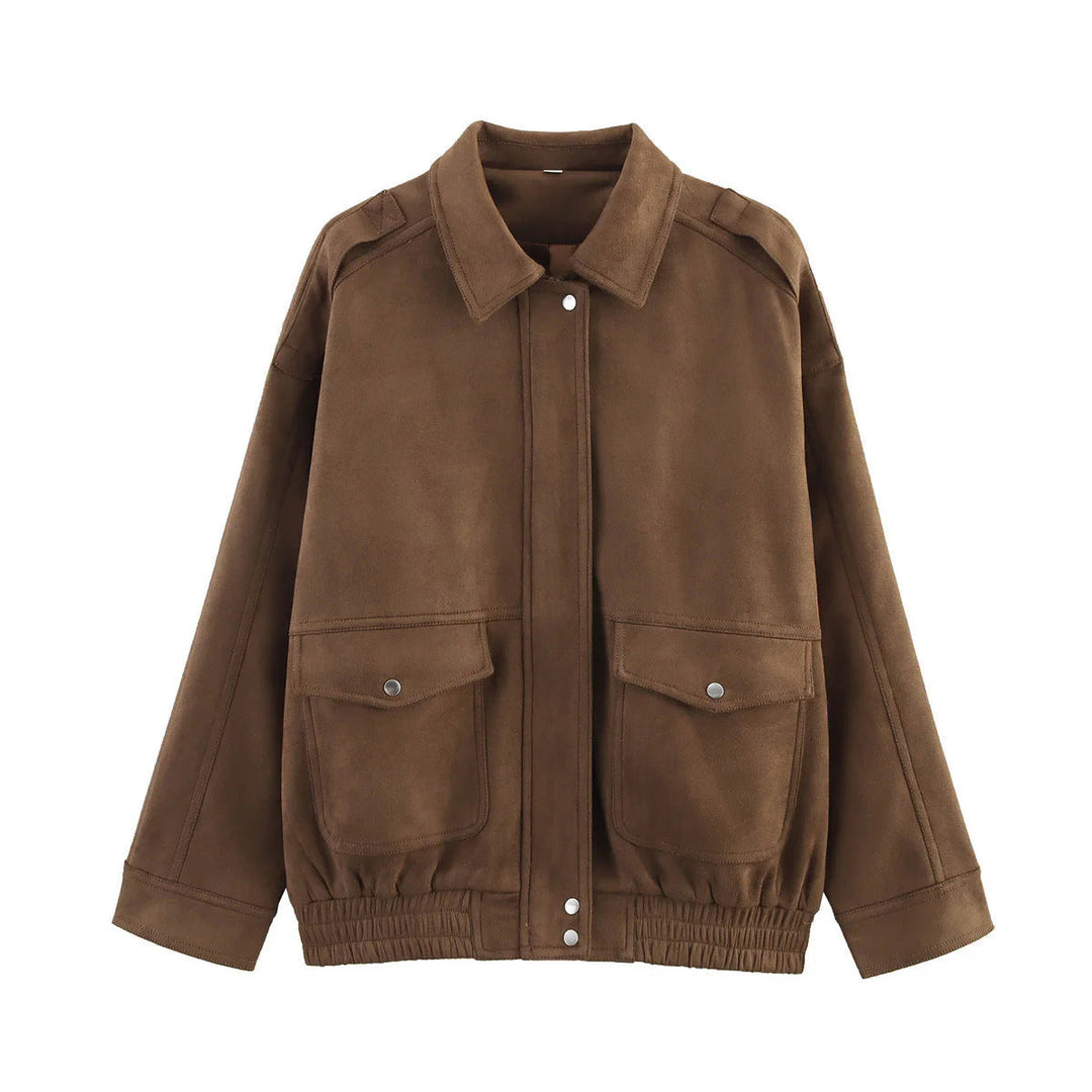 Dam avslappnad velour jacka med snap knäppning, patch flap fickor, och elastisk fåll