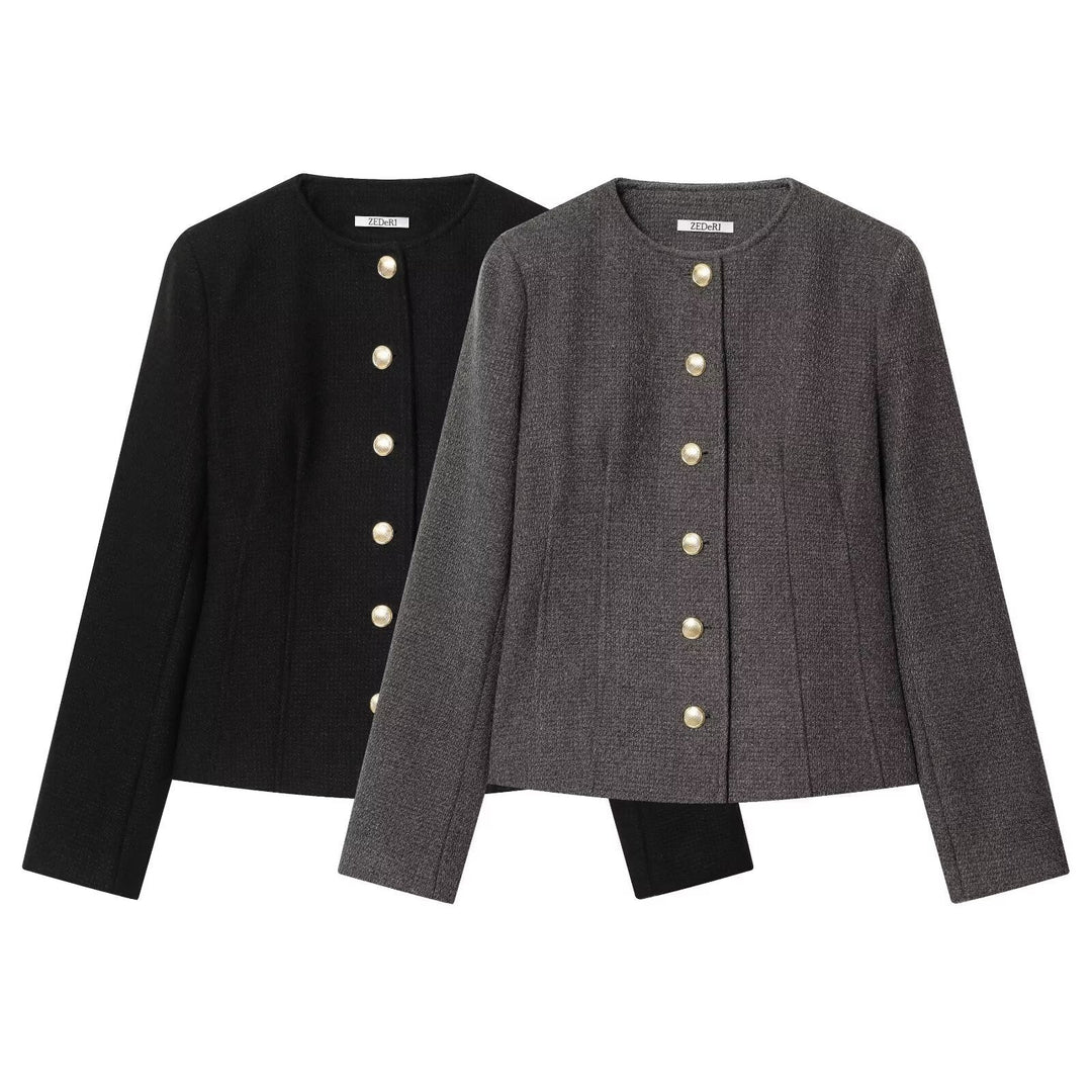 Dam Kort Bouclé Blazer Jacka med Round Neckline och Guld Knappar