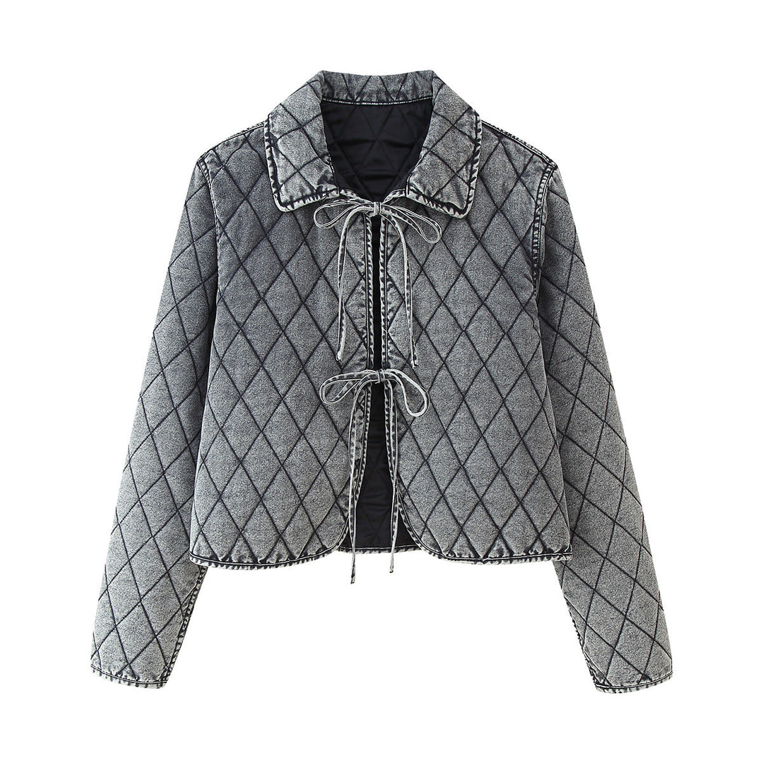 Dam avslappnad quiltad denim look kort jacka med diamond mönster och ties