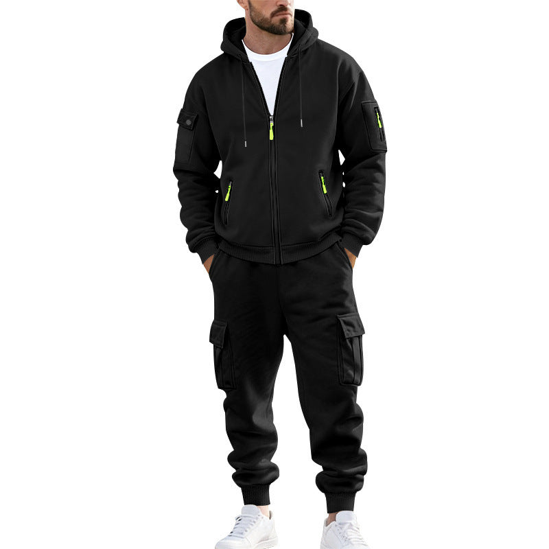 Herr Nano Urban Funktionell Cargo Sweat Set med Luvtröja, Zippered Fickor, och Tapered Cargo Jogger