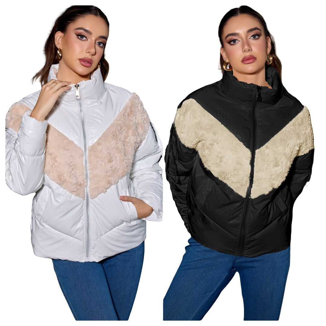 Dam vadderad quiltad jacka med Faux Fur V-Inset, Stand krage &amp; dragkedja