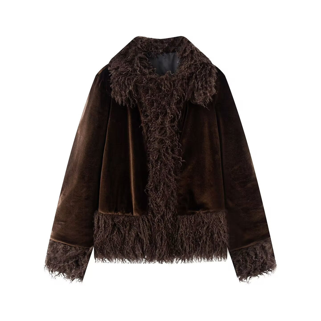 Dam Kort Jacka med Faux Fur Kant, Velvet Look och Fringed Nederkant