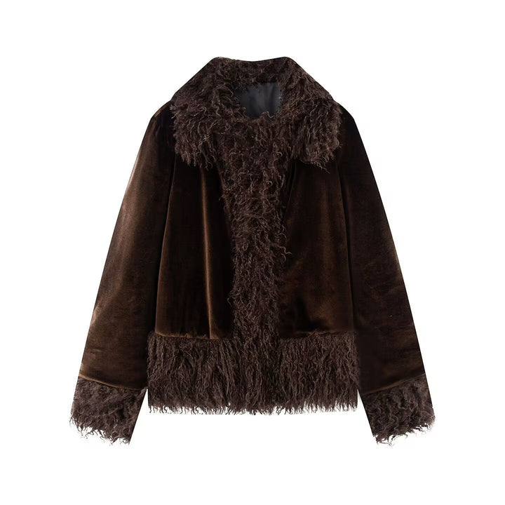 Dam Kort Jacka med Faux Fur Kant, Velvet Look och Fringed Nederkant