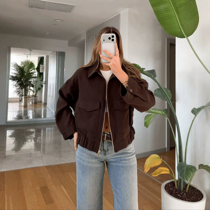 Dam Boxy kort Utility jacka med dragkedja Flap fickor och Elastic fåll