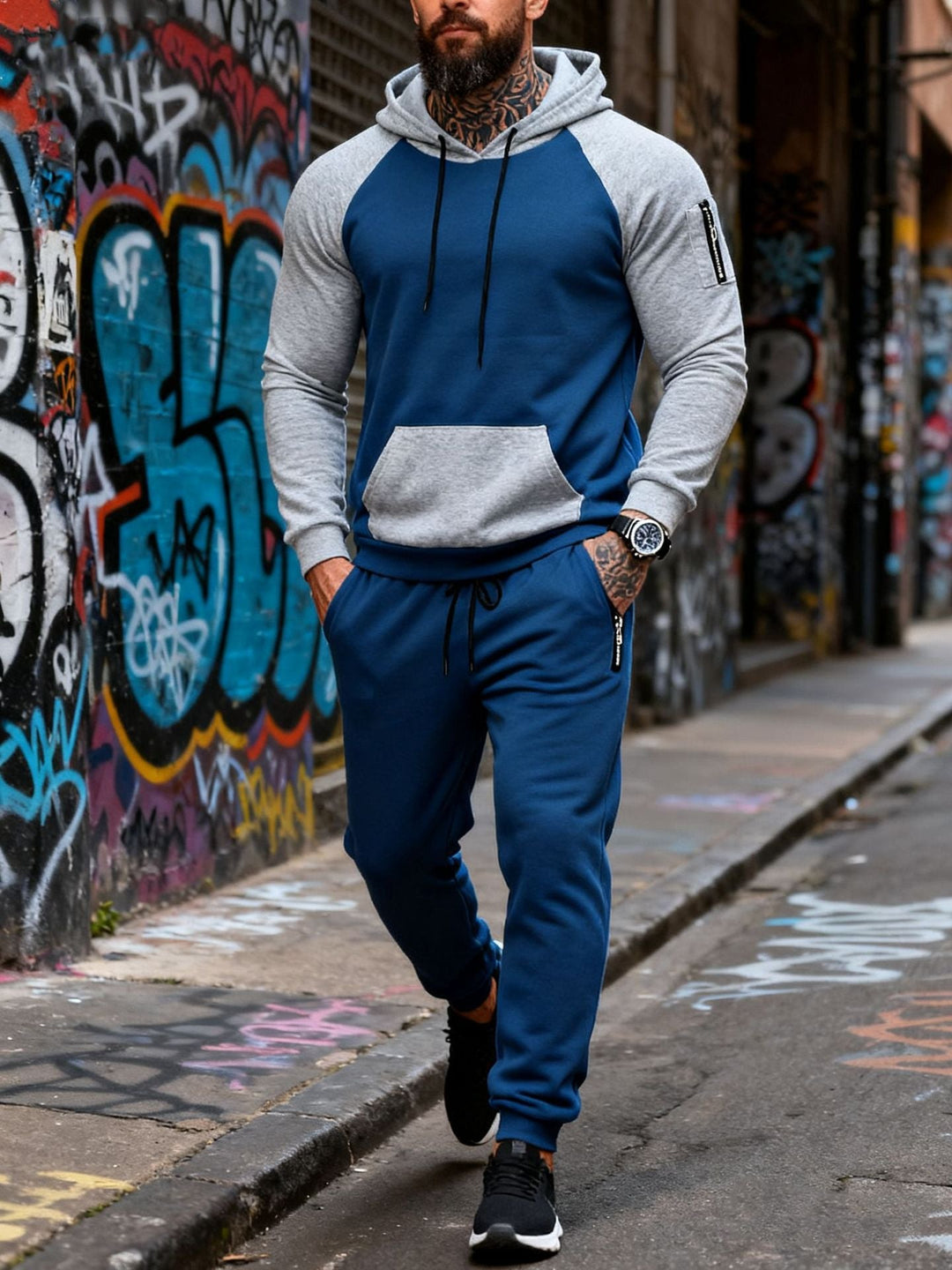 Herr Two-Piece med Huva Sweat Set med Raglanärmar, Ärm Dragkedja Ficka, och Tapered Jogging Byxor