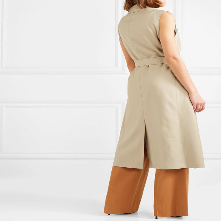 Dam ärmlös wrap trenchcoat gjord bomull blend med double-breasted knappslå och midjebälte