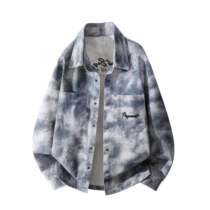 Herr Oversized Skjortjacka i Washed Batik Look med Tryckknapp Knapp Fram &amp; Applied Bröstfickor