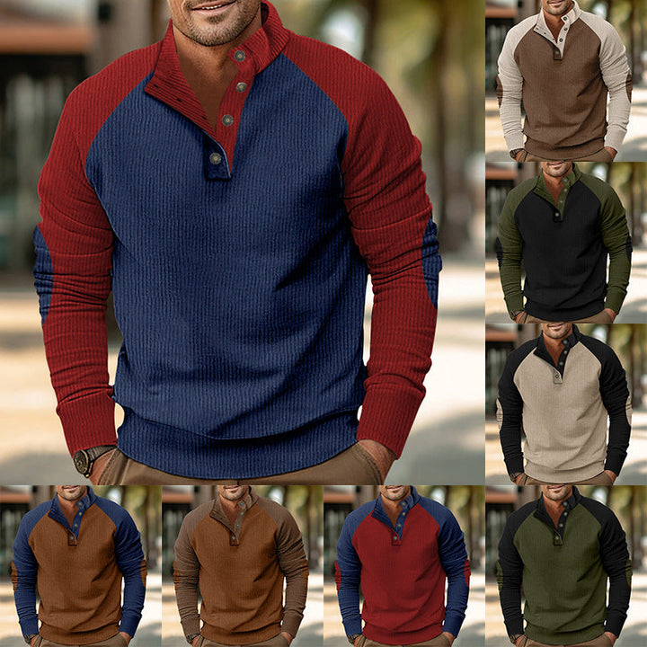 Herr Termisk Cord Pullover med Knapplist, Ståkrage, Raglanärmar, och Elbow Lappar