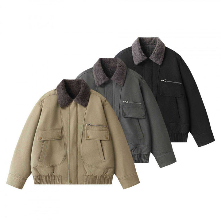 Herr short-cut canvas aviator jacka med Sherpa krage och flerafunction fickor
