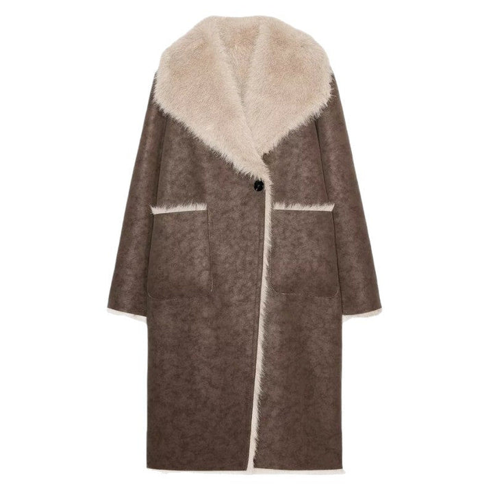 Dam Lång Konstpäls Shearling Kappa med Oversized Sjalrakrage och Utanpåfickor