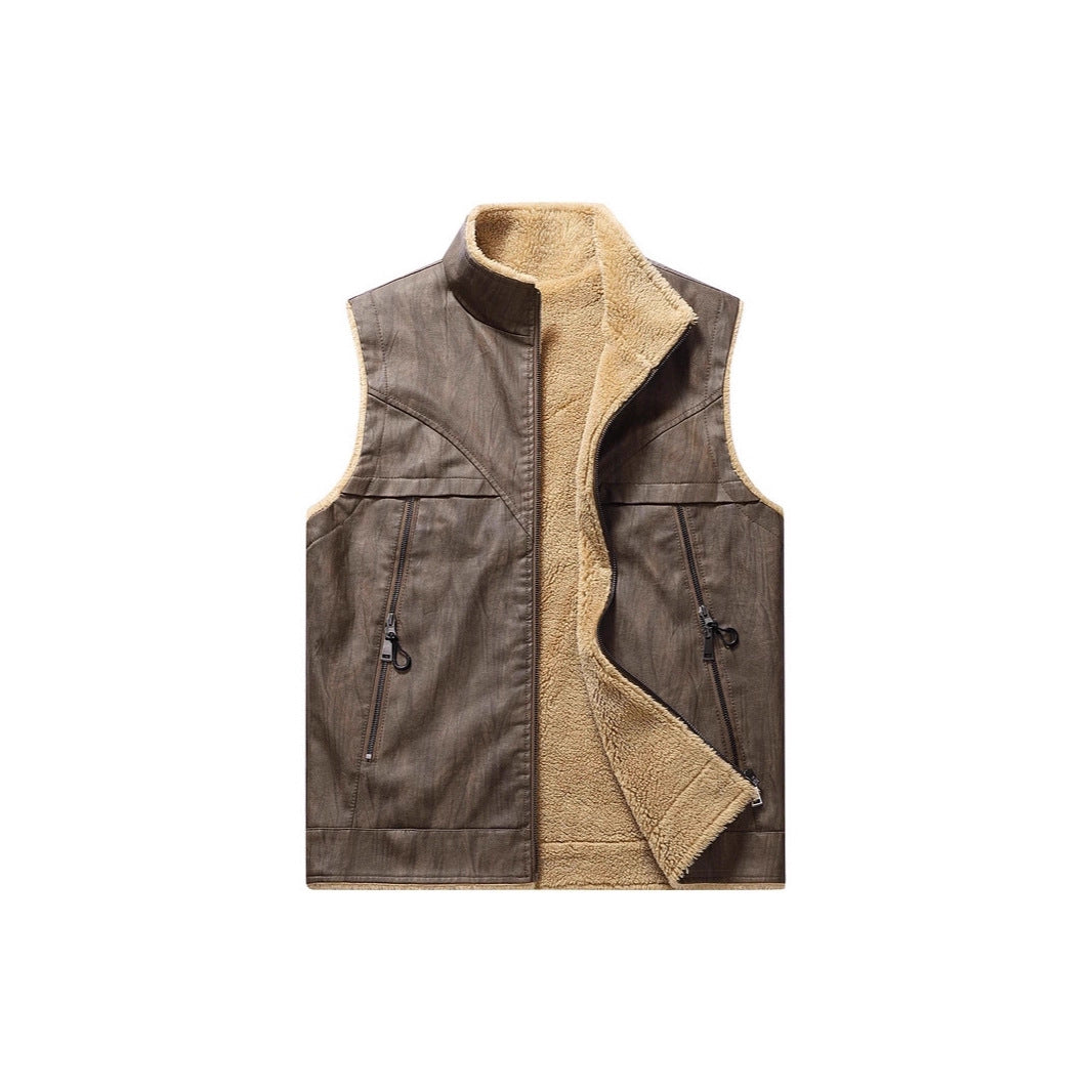 Herr Sleeveless Konstläder Teddy Väst med Ståkrage och Dragkedjefickor