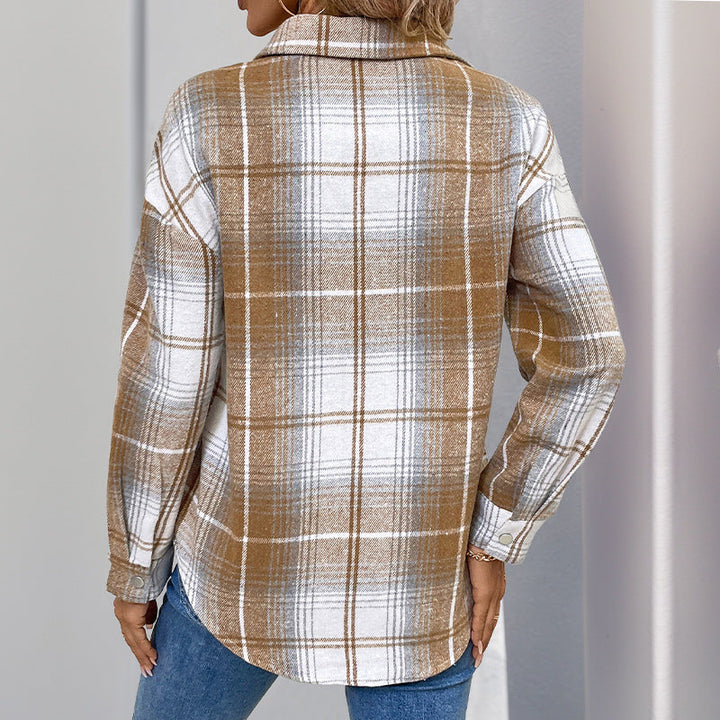 Dam Oversize Check Half-dragkedja Shirt Blouse tillverkad av Flannel med applied Chest Pocket