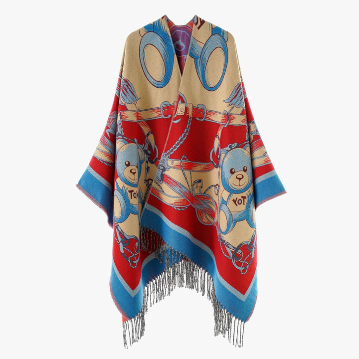 Dam Jacquard-capeponcho med Teddy Motif, oversized silhuett och fransfåll