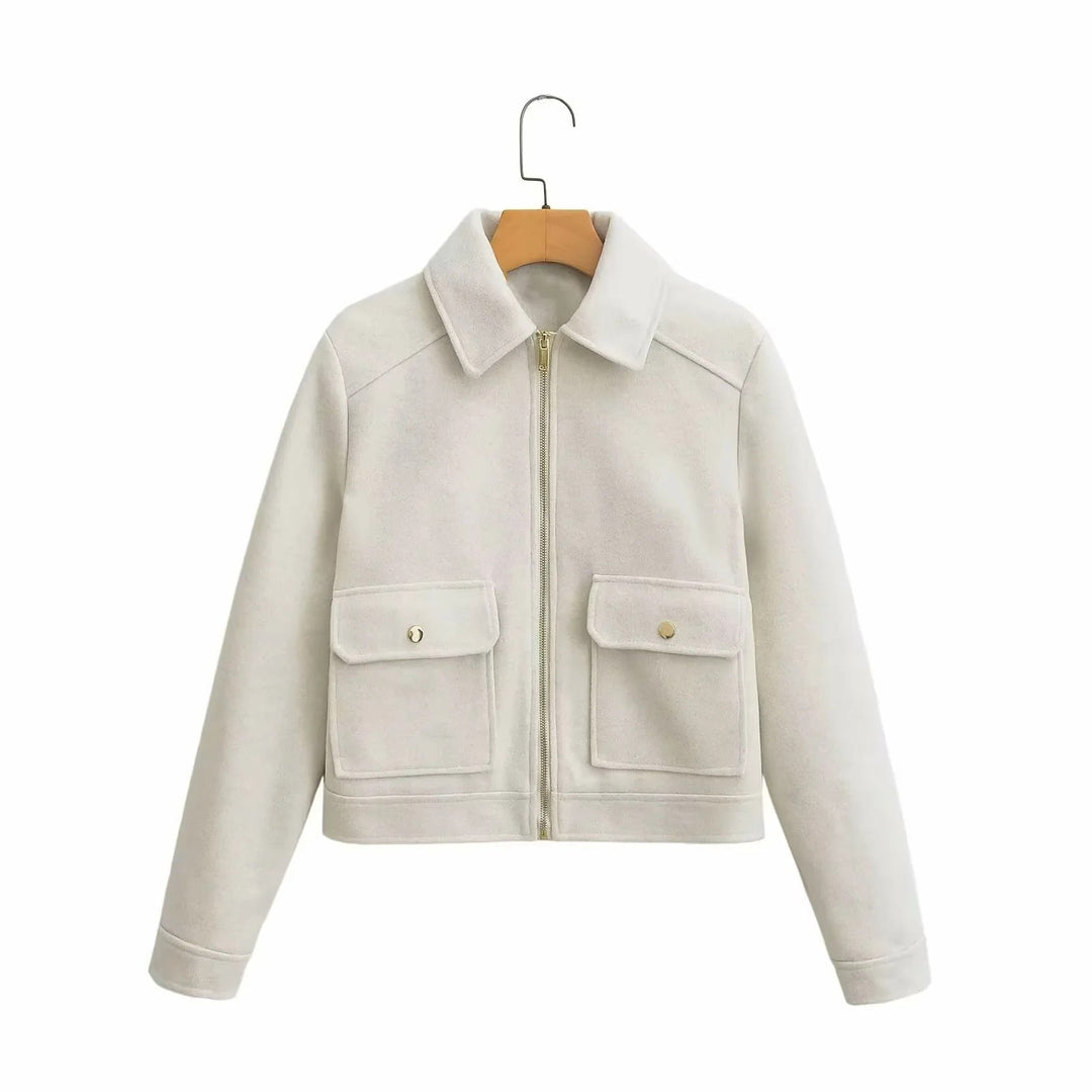 Dam boxy ullblandning shacket med concealed metal dragkedja, skjortkrage, och påsydda fickor