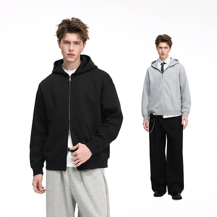 Herr Kapuzensweatjacke med Durchgehendem Reißverschluss, Ribbad Fåll och Versteckten Seitentaschen