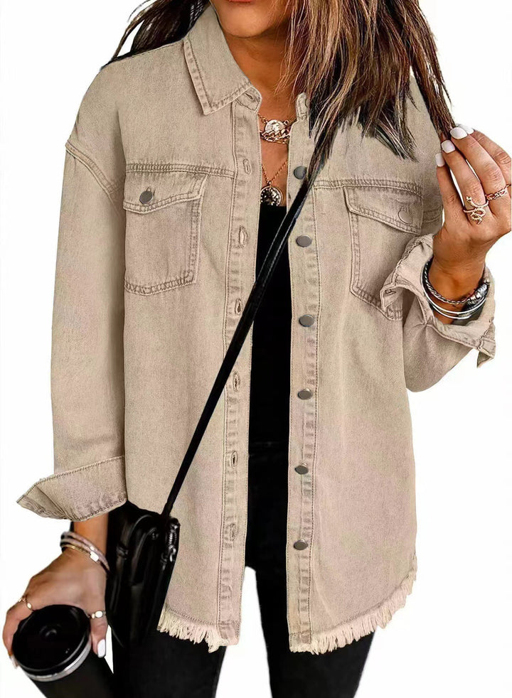 Dam oversize denim skjortjacka med Fringe fåll