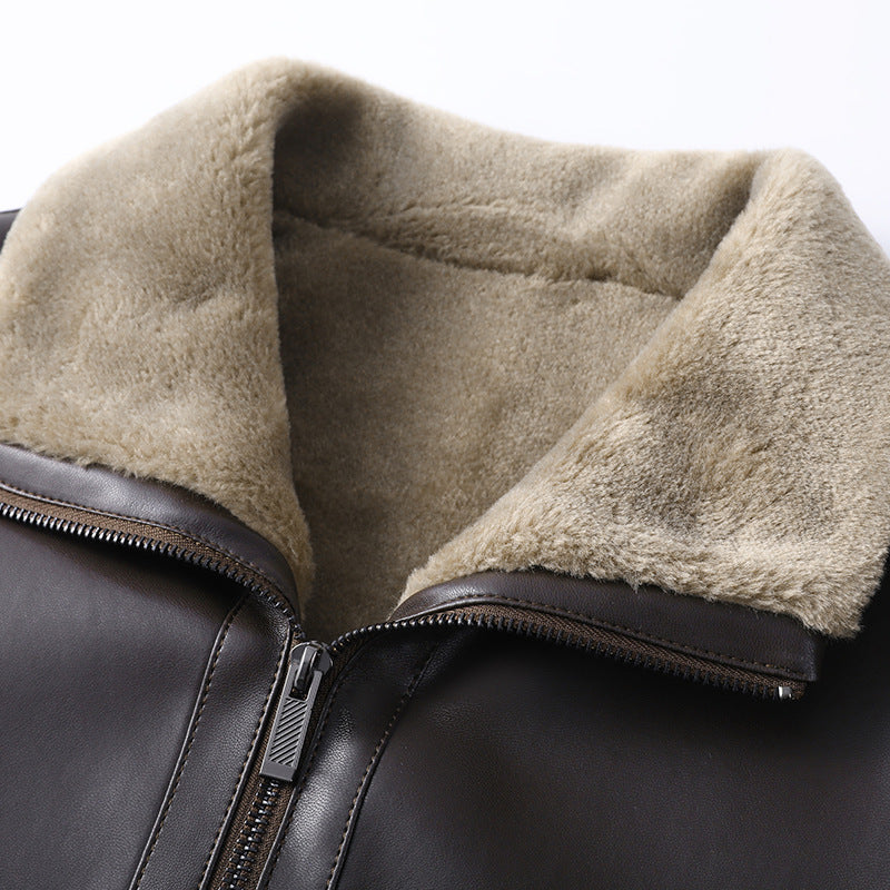 Herr Läder Jacka med Varm Lambskin Foder och Ståkrage