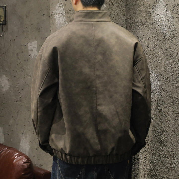 Herr Boxy Leather-Look Blouson med Dold Dragkedja Knapplist, Ståkrage, och Elastisk Waistband