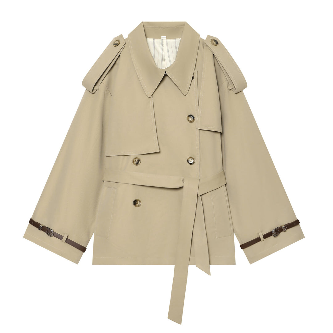Dam kort-skärning cape trenchcoat med double-breasted knäppning och midjebälte