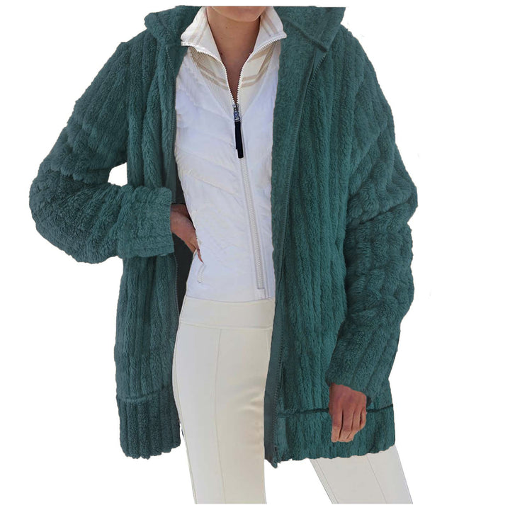Dam Oversize Teddy-fleece Hooded kappa med ribbstickade muddar och sidofickor