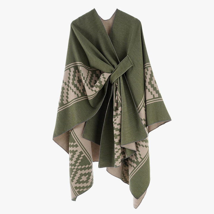 Dam Jacquard Ruana med TIE bälte och geometric mönster